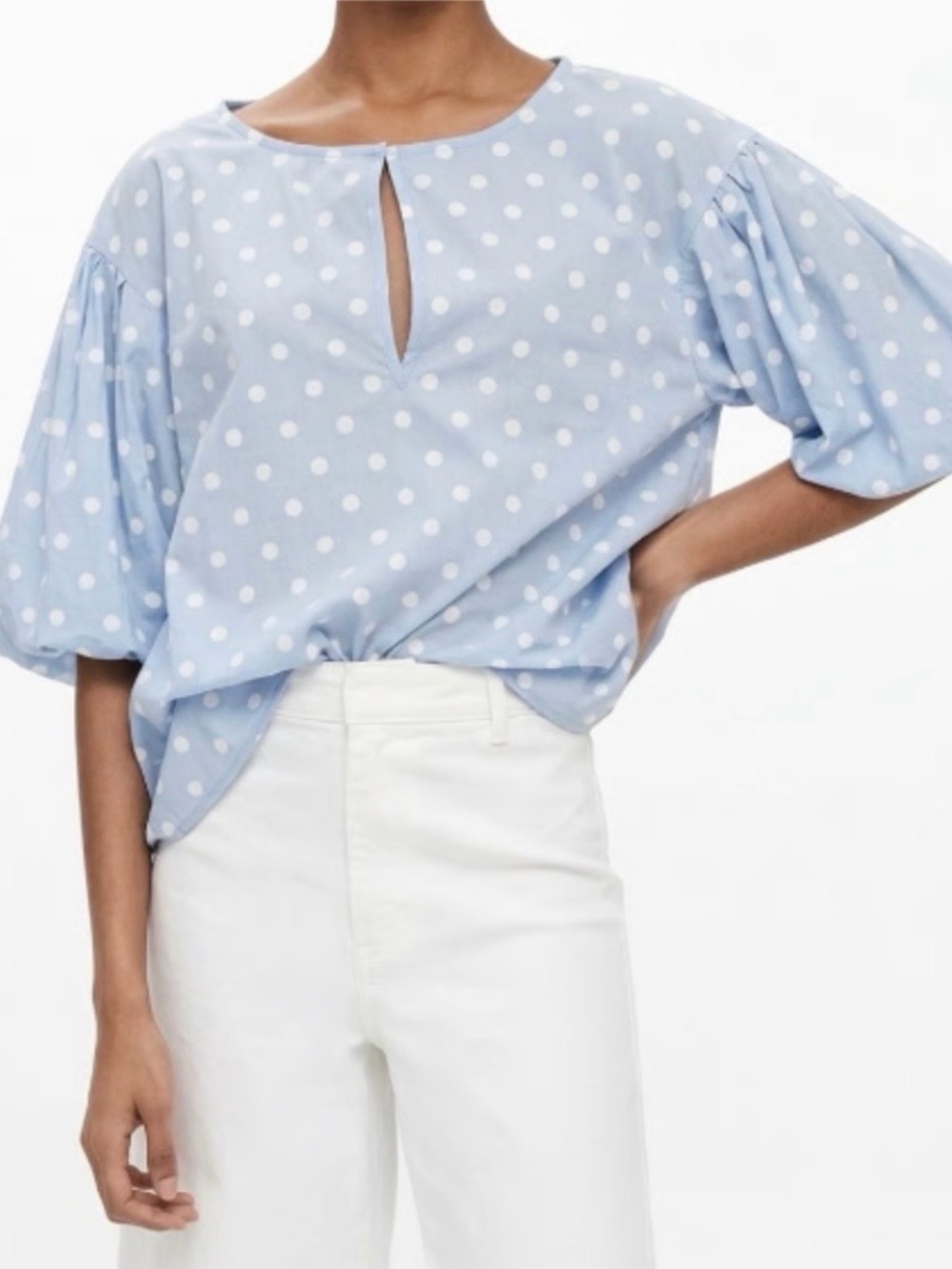 Zara Light Blue Embroidered Polka Dot Puff-Sleeve Top